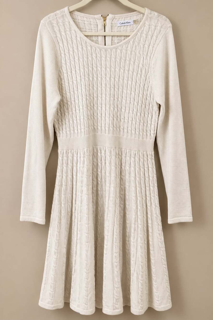 Calvin Klein XL Ivory Cable Knit Sweater Dress Fit Flare Long Sleeve